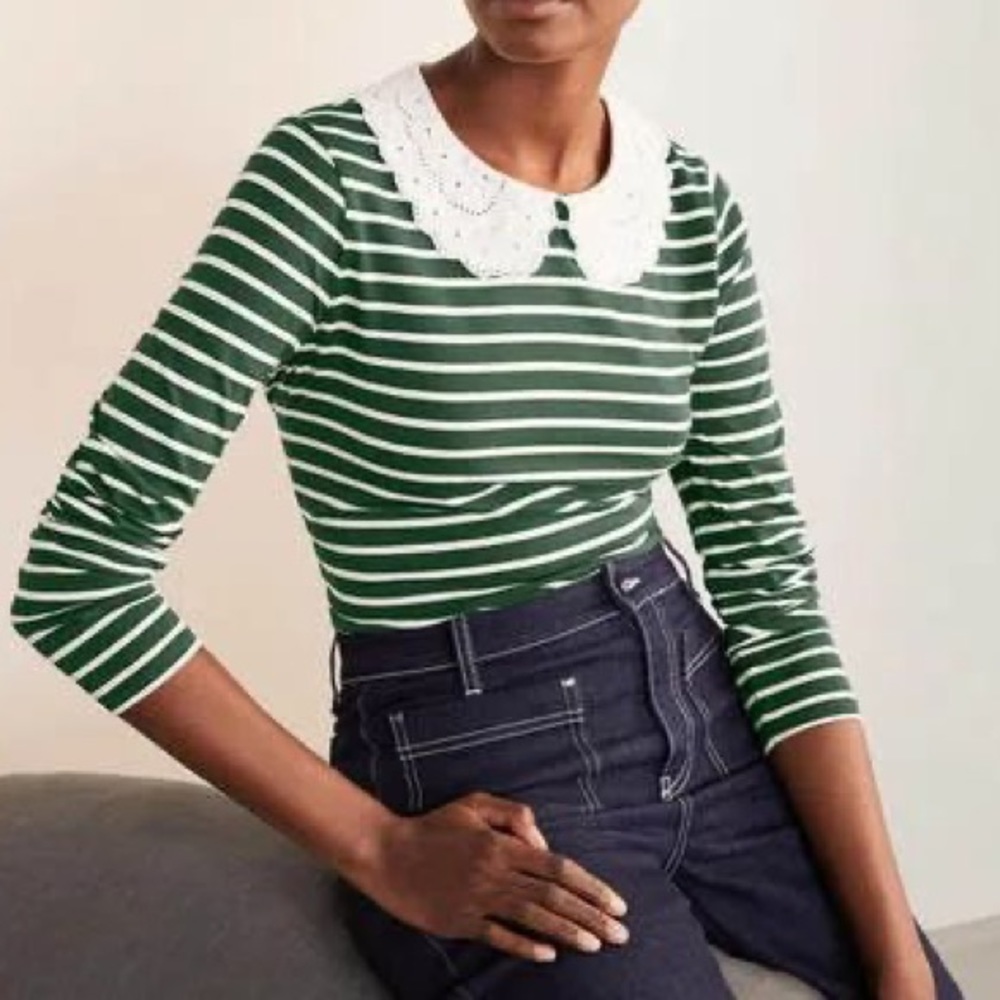 Boden Kathleen Green Stripe Eyelet Peter Pan Collar Long Sleeve Jersey Top 18/20